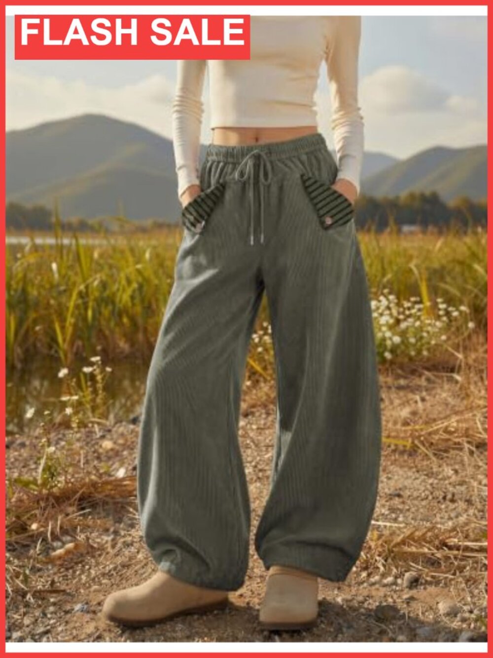 TARSE Corduroy Barrel Pants Striped Patch Pockets Drawstring Waist Baggy - Picture 3 of 6